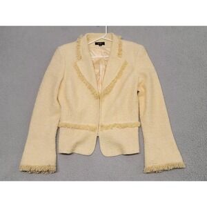 VTG Seven Collection Blazer Womens 14 Yellow Tweed Fringe Trim Hook Eye Lined